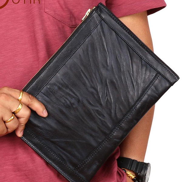 BLACK Coffee MENS LEATHER SLIM ZIPPER CLUTCH WRISTLET PURSE BAG CLUTCH BAG FOR MEN - imessengerbags