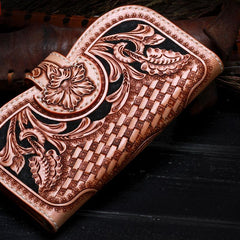Handmade Leather Tooled Floral Mens Clutch Wallet Cool Wallet Long Wallets for Men Women - imessengerbags