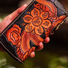 Handmade Leather Tooled Chinese Dragon Mens Chain Biker Wallet Cool Leather Wallet Zipper Long Phone Wallets for Men - imessengerbags
