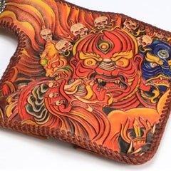 Handmade Mens Tooled God Mahakala Leather Chain Wallet Biker Trucker Wallet with Chain