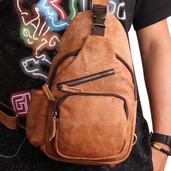 Cool Camel Leather Chest Bag Sling Bag Sling Crossbody Bags For Men - imessengerbags
