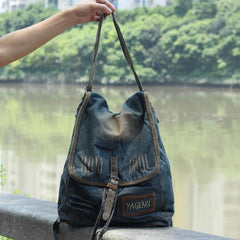 Fashion Denim Blue Mens Womens Backpack School Backpack Blue Jean Travel Backpacks For Men - imessengerbags