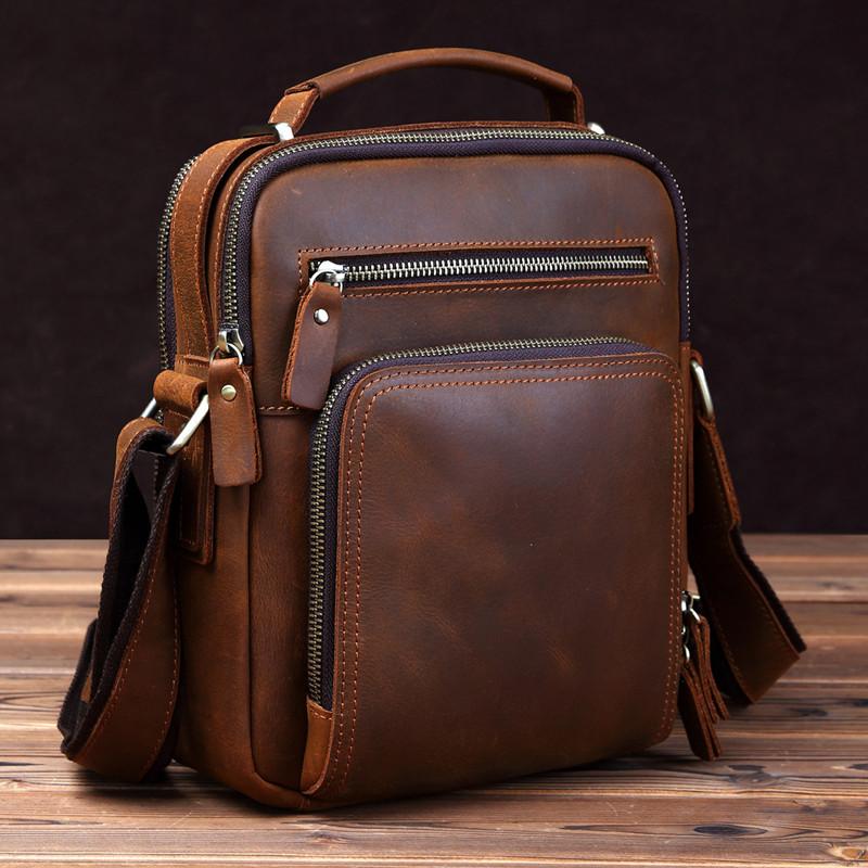 Small Brown Leather Messenger Bag Men's Vertical Side Bag Mini Vertical HandBag Courier Bag For Men