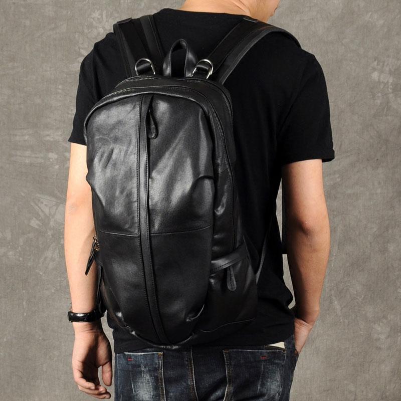 Genuine Leather Mens Cool Backpack Sling Bag Large Black Travel Bag Hiking Bag for men - imessengerbags