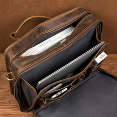Cool Dark Brown Mens Leather 15 inches Large Briefcase Work Bag Side Bag Travel Handbag for Men
