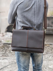 Dark Brown Leather Mens Large 14 inches Work Briefcase Laptop Bag Messenger Bags Work Side Bags for Men