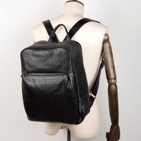 Fashion Black Mens Leather 15-inches Computer Backpack Black Travel Backpacks School Backpacks for men - imessengerbags