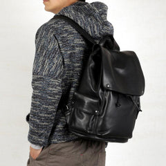 Genuine Leather Mens Cool Backpack Sling Bag Large Black Travel Bag Hiking Bag for men