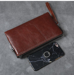 Black Leather Mens Brown Business Long Wallet Clutch Bag Wristlet Wallet For Men - imessengerbags