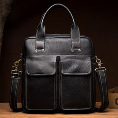 Fashion Black Leather 12 inches Vertical Briefcase Work Shoulder Bag Black Messenger Bag Computer Work Bag for Men