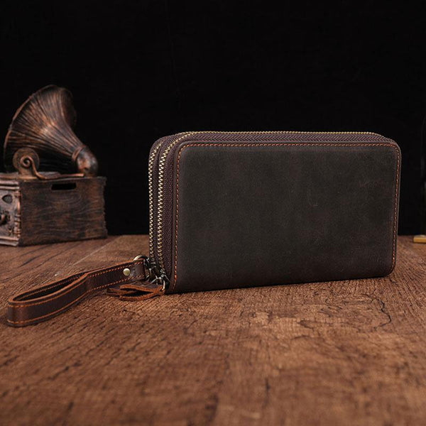 Cool Leather MensLong Wallet Double Zipper Clutch Wallet Wristlet Wallet - imessengerbags