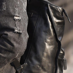 Genuine Leather Mens Cool Backpack Sling Bag Large Black Travel Bag Hiking Bag for men