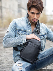Black Casual Leather Mens Sling Bag Chest Bags Black One Shoulder Backpack Sling Pack for Men - imessengerbags