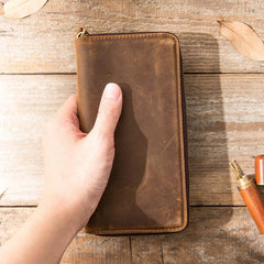 Brown Vintage Cool Mens Zipper long Wallet Leather Wallet Bifold Long Wallets Clutch for Men - imessengerbags