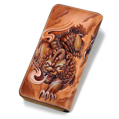 Handmade Leather Tooled Chinese Dragon Tiger Mens Chain Biker Wallet Cool Leather Wallet Zipper Long Phone Wallets for Men
