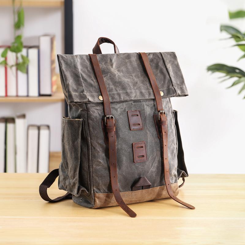 Waxed Canvas Leather Mens 16‘’ Army Green Backpack Travel Backpack Gray Hiking Backpack for Men - imessengerbags