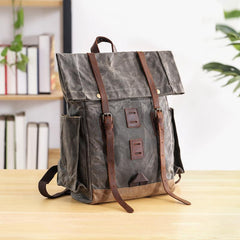 Waxed Canvas Leather Mens 16‘’ Army Green Backpack Travel Backpack Gray Hiking Backpack for Men - imessengerbags