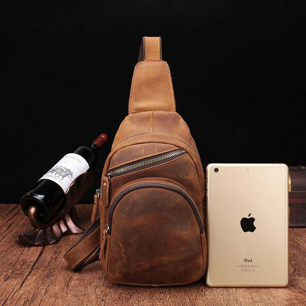 Cool Vintage Brown Leather Chest Bag Sling Bags Crossbody Sling Bag One Shoulder Backpack For Men - imessengerbags
