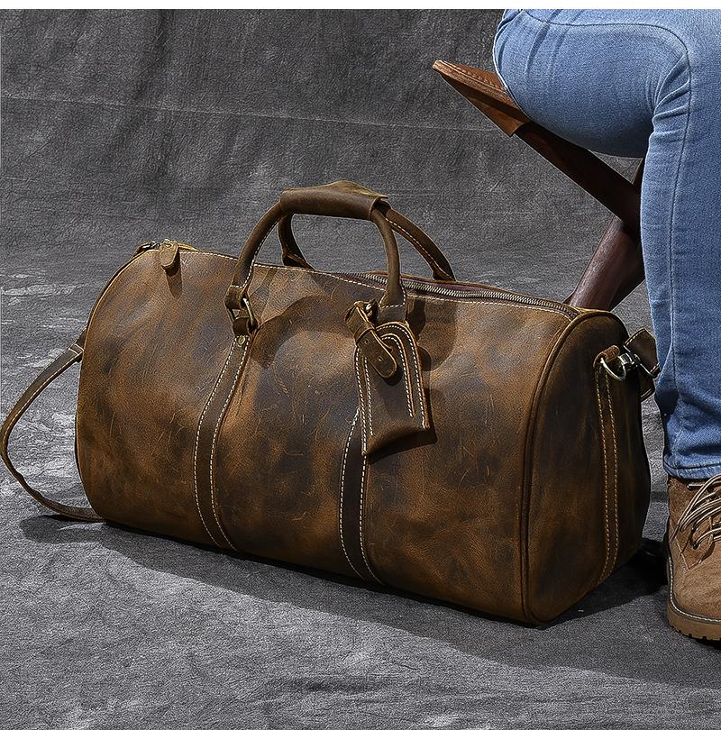 Retro Brown Leather Men's Business Overnight Bag Large Travel Bag Coffee Duffel Bag Weekender Bag For Men