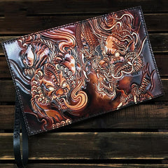 Black Handmade Tooled Leather Wolf Clutch Wallet Wristlet Bag Clutch Purse For Men - imessengerbags