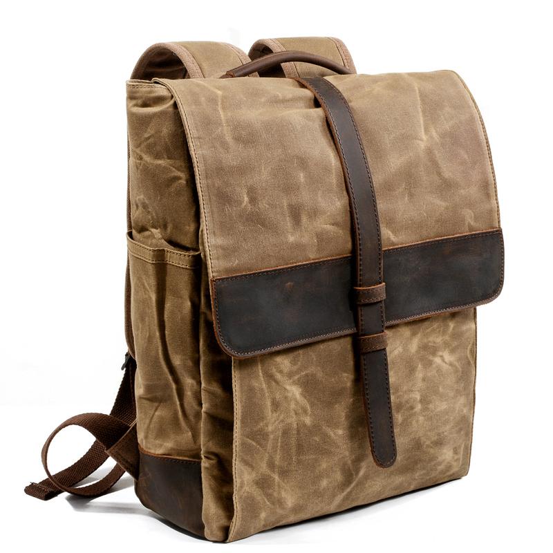 Cool Canvas Leather Mens Large Waterproof Black 15‘’ Backpack Travel Backpack Khaki Computer Backpack for Men - imessengerbags