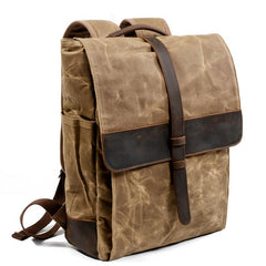 Cool Canvas Leather Mens Large Waterproof Black 15‘’ Backpack Travel Backpack Khaki Computer Backpack for Men - imessengerbags