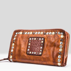 Handmade Leather Mens Cool Long Leather Wallet Zipper Clutch Wallet for Men