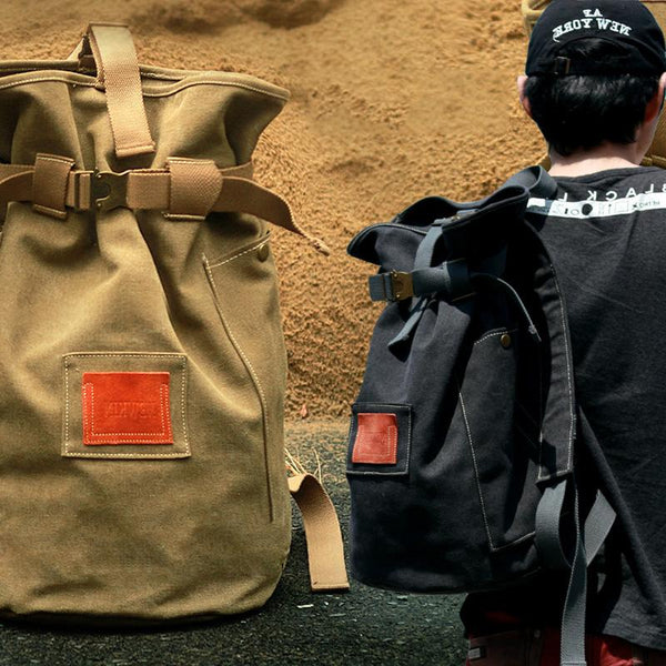 Cool Canvas Mens Khaki Barrel Travel Backpack Computer Backpack Hiking Backpack for Men - imessengerbags