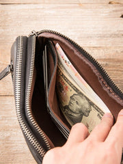 Black Leather Mens Long Zipper Clutch Wallet Wristlet Bag Long Wallet Phone Clutch Wallet for Men - imessengerbags