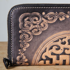 Handmade Genuine Leather Mens Cool Tooled Long Leather Wallet Bifold Clutch Wallet for Men - imessengerbags
