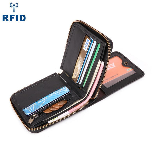 Fashion RFID Black Leather Men's Zipper Small Wallet Brown Zipper billfold Wallet For Men - imessengerbags