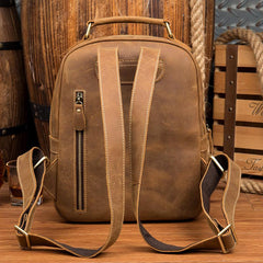 Fashion Light Brown Mens Leather 12-inch Small Backpacks Travel Backpack School Backpacks for men