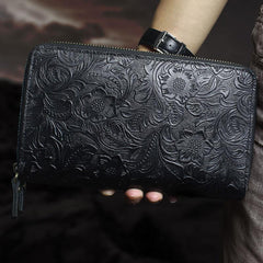 Handmade Leather Floral Tooled Mens Clutch Cool Slim Wallet Zipper Clutch Wristlet Wallet for Men