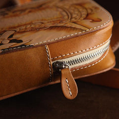 Handmade Beige Ganesha Tooled Leather Sling Bag Chest Bag One Shoulder Backpack For Men - imessengerbags