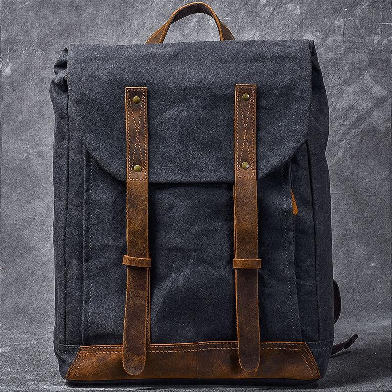 Waxed Canvas Leather Mens 15" Gray Computer Backpack Brown Travel Backpack College Backpack for Men - imessengerbags