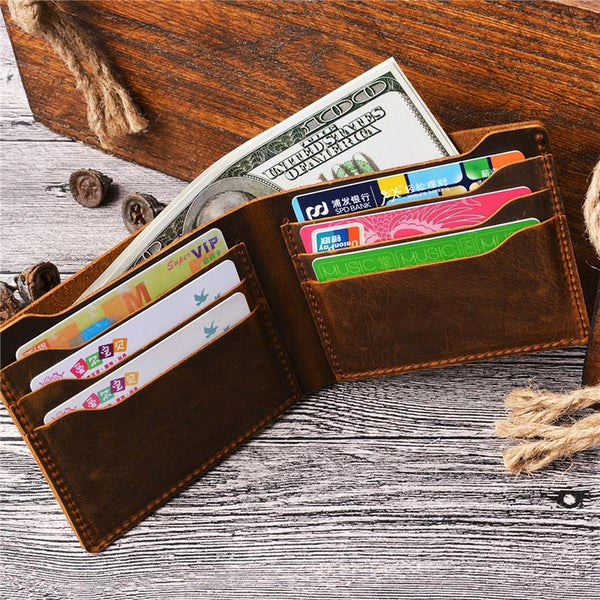 Vintage Brown Leather Men's Small Bifold Wallet Black Slim billfold Wallet For Men - imessengerbags
