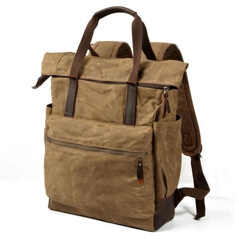 Waxed Canvas Leather Mens Backpack Canvas Travel Backpack Canvas School Backpack for Men