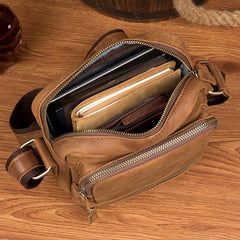 Cool Khaki Leather 10 inches Vertical Side Bag Messenger Bag Tan Courier Bag for Men - imessengerbags