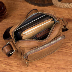 Cool Khaki Leather 10 inches Vertical Side Bag Messenger Bag Tan Courier Bag for Men