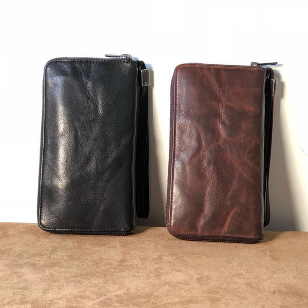 Genuine Leather Mens Cool Long Leather Wallet Zipper Clutch Wristlet Wallet for Men - imessengerbags