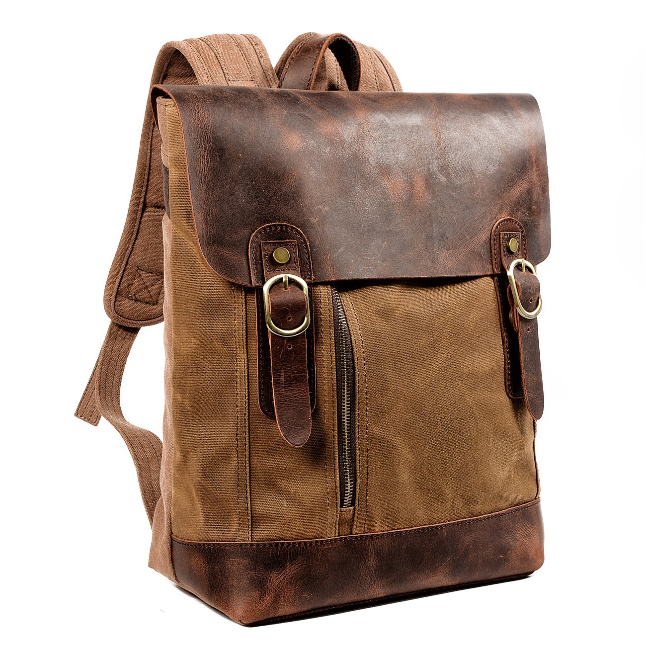 Waxed Canvas Leather Mens 14'' Waterproof Black School Backpack Green Travel Backpack for Men - imessengerbags