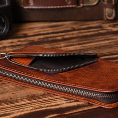 Handmade Leather Mens Cool Long Leather Wallet Zipper Phone Clutch Wallet for Men