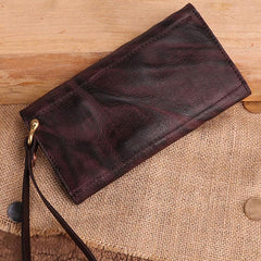 Cool Leather Long Wallet for Men Vintage Trifold Long Wallet Wristlet Wallet