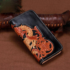 Handmade Leather Mens Clutch Wallet Cool Chinese Dragon Tooled Wallet Long Zipper Wallets for Men - imessengerbags