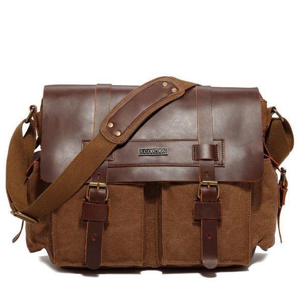 Canvas Leather Mens Vintage Khaki Travel Side Bag Green Messenger Bag Brown Courier Bag for Men - imessengerbags