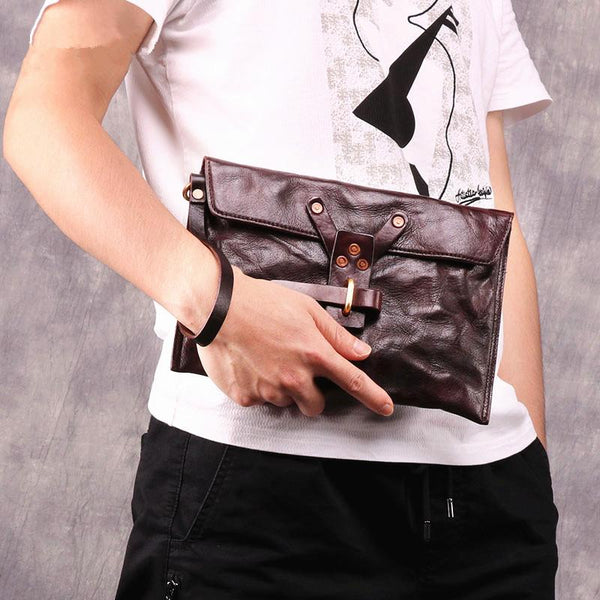 Chocolate Leather Mens Clutch Wristlet Wallet Bag Cool Zipper Clutch Wallet For Men