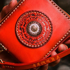 Handmade Leather Small Tibetan Tooled Mens billfold Wallet Cool Chain Wallet Biker Wallet for Men