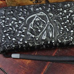 Handmade Leather Mens Tooled Skull Death Cool Zipper Phone Travel Long Wallet Card Holder Card Slim Clutch Wallets for Men - imessengerbags