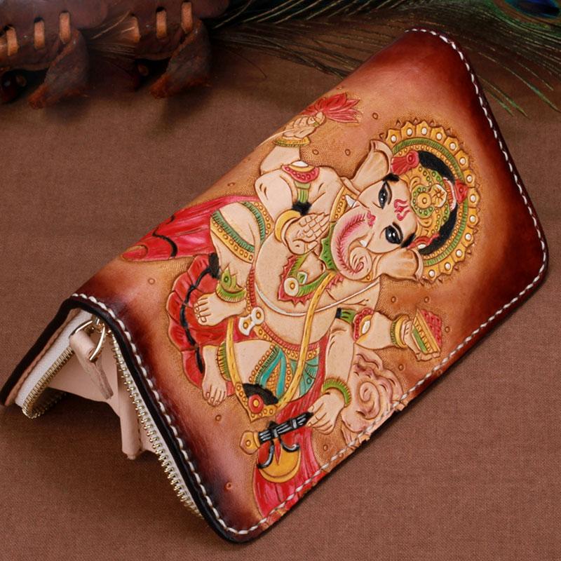 Handmade Leather Mens Clutch Wallet Cool Ganesha Tooled Wallet Long Zipper Wallets for Men - imessengerbags