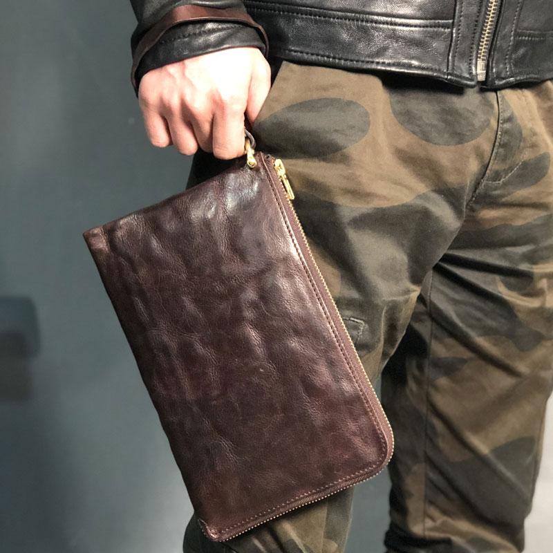 Handmade Genuine Leather Mens Clutch Cool Slim Wallet Zipper Clutch Wristlet Wallet for Men